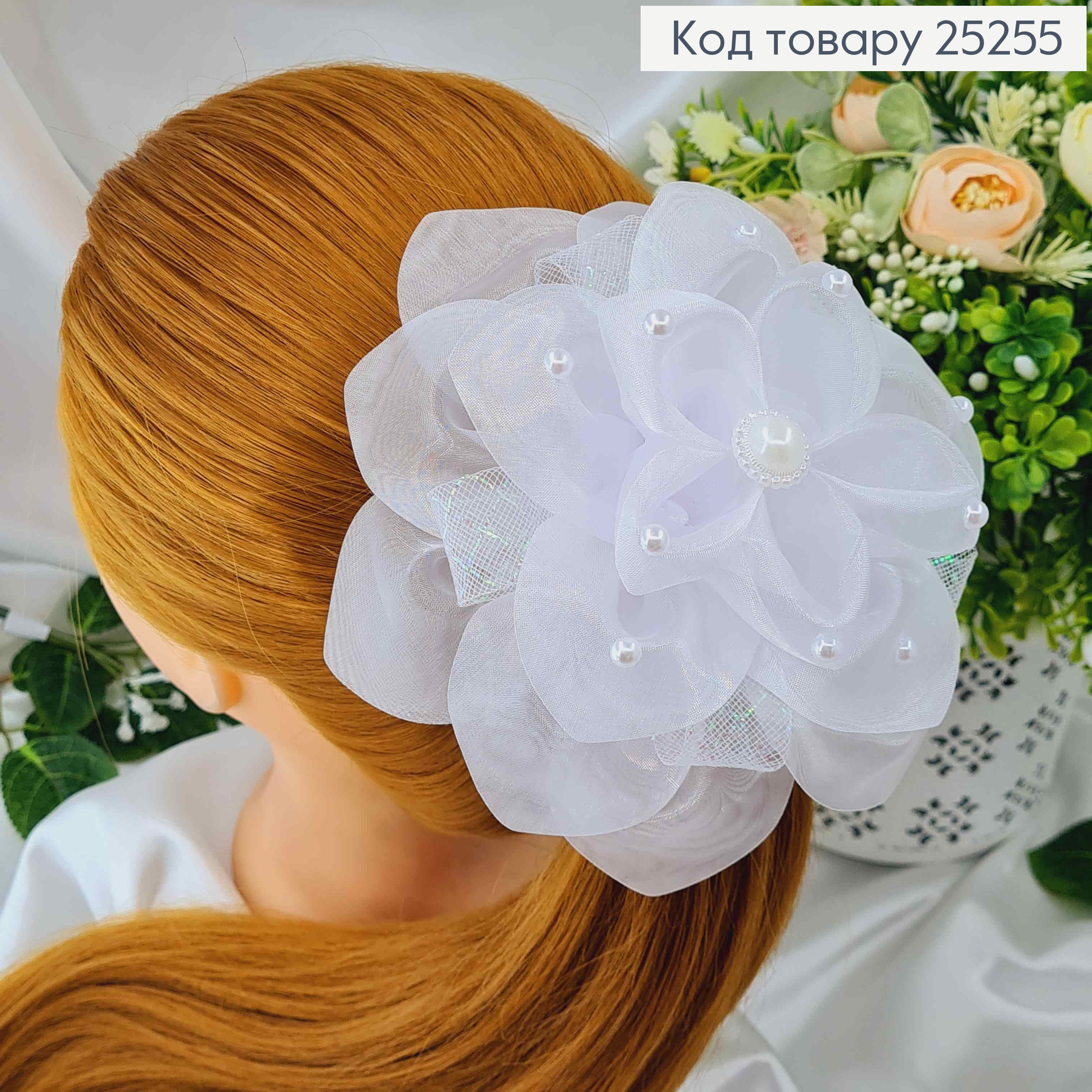 Резинка, Бант Белый, Органза, с блестящей сеткой, жемчужинами и большой бусинкой, 14см, руч, роб. Украина 25255 фото 1