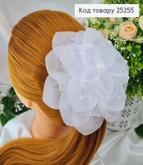 Резинка, Бант Белый, Органза, с блестящей сеткой, жемчужинами и большой бусинкой, 14см, руч, роб. Украина 25255 фото