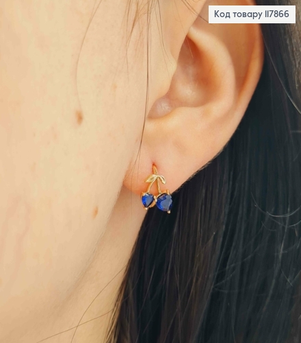 Серьги кольца, "Вишневое Сердце" с Синими камешками, 1см, Xuping 18K 117866 фото 3