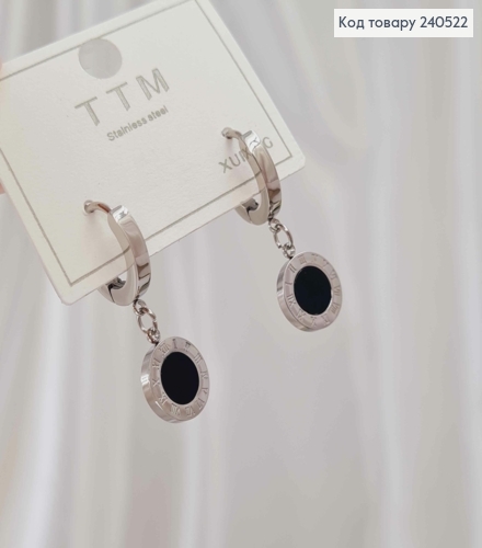 Серьги кольца, Римские часы, серебряный цвет с черной вставкой, Stainless Steel 240522 фото 2