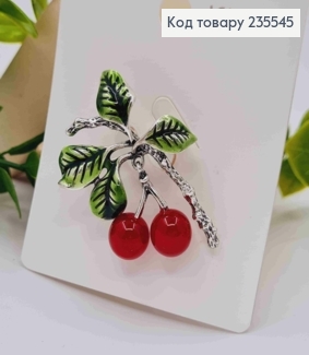 Брошь "Вишневая веточка", Серебряного цвета, 3,7*4,2см, (деталь с вишнями двигается) 235545 фото