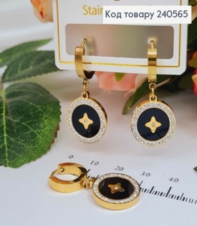 Серьги кольца, подвеска "LV" с черной эмалью, в камешках, 1,5см, лимонные, сталь Stainless Steel 260039 фото