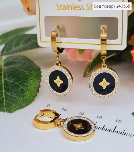 Серьги кольца, подвеска "LV" с черной эмалью, в камешках, 1,5см, лимонные, сталь Stainless Steel 260039 фото 1