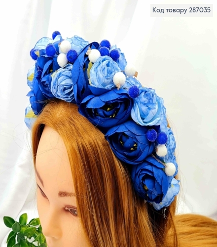Обруч-віночок розкішний з Синіми та Блакитними Трояндами, ручна робота, Україна 287035 фото 1