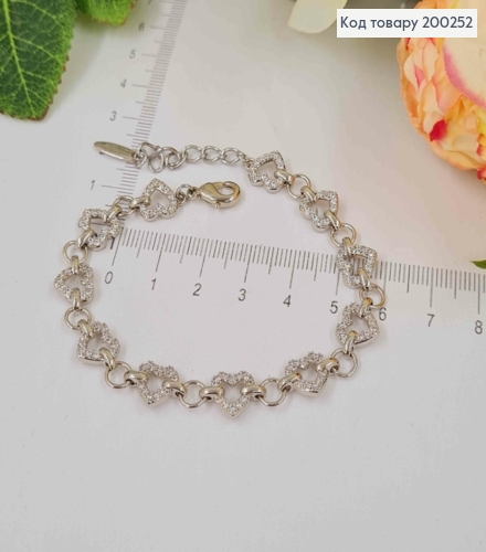 Браслет родований, плетіння Сердечками, в камінцях, довж. 17,5+3см, Xuping  200252 фото 1