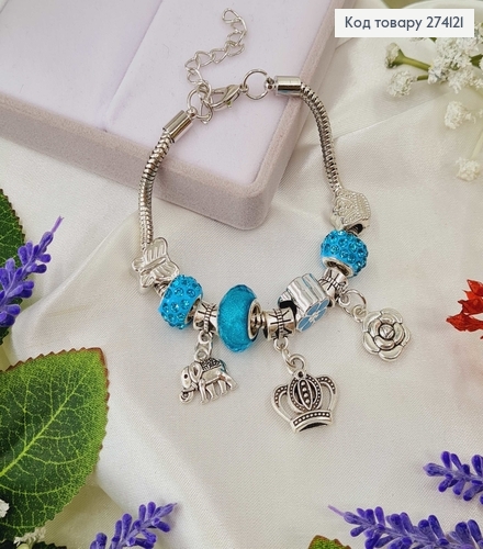 Браслет под Пандору, серебряного цвета, с голубыми бусинами, 15,5см+4см 274121 фото 1