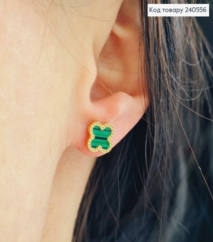 Серьги гвоздики лимонного цвета, с зеленой эмалью, "Van Cleef", 1см, сталь Stainless Steel 240556 фото 2