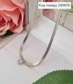 Цепочка плоская серебряного цвета, с подвесным камнем в оправе (6мм), 46+5см,сталь Stainless Steel 240659 фото