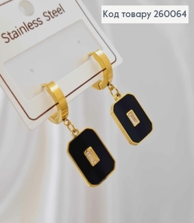 Серьги кольца 1,3см с квадратной подвеской с черной эмалью 1,6см, лимонные, сталь Stainless Steel 260064 фото