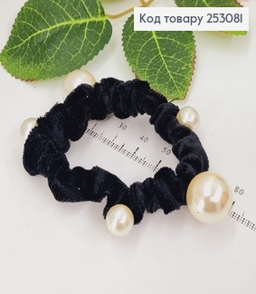 Резинка велюрова чорна з перлинками 253081 фото