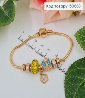 Браслет "Пандора" с желтеньким шармиком, с цветочком и голубой бабочкой, длиной 18см. Xuping 18K 150888 фото