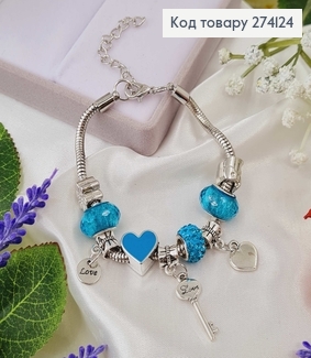 Браслет під Пандору, срібного кольору, з голубими бусинами 15,5см+4см 274124 фото