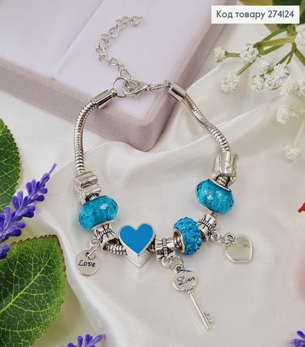 Браслет под Пандору, серебряного цвета, с голубыми бусинами 15,5см+4см 274124 фото 1