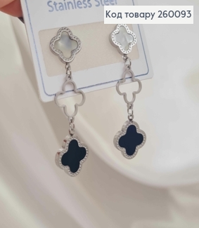 Серьги гвоздики "Van Cleef" с черной и перламутровой эмалью, серебряные 4,5см, сталь Stainless Steel 260093 фото