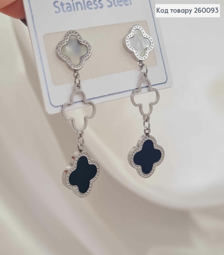 Серьги гвоздики "Van Cleef" с черной и перламутровой эмалью, серебряные 4,5см, сталь Stainless Steel 260093 фото 1