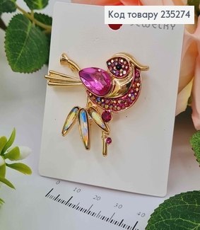 Брошка  ПТАШКА  з  камінцями РОЖЕВОГО кольору 4,5*4,5см 235274 фото