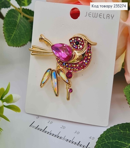 Брошь ПТАШКА с камешками РОЗОВОГО  цвета 4,5*4,5см 235274 фото 1