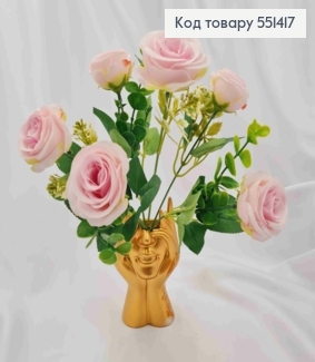 Искусственная композиция Розы, НЕЖНО-РОЗОВОГО цвета, 6 веточек, 6 цветов, высота 30см 551417 фото