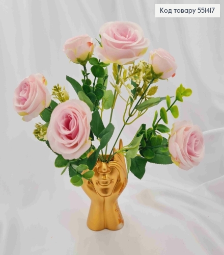 Искусственная композиция Розы, НЕЖНО-РОЗОВОГО цвета, 6 веточек, 6 цветов, высота 30см 551417 фото 1