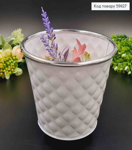 Відерце-кашпо, метал, білого кольору з тисненням, висота 10,5см, Польща 591127 фото 1