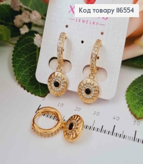 Серьги кольца 1,5см, с подвеской в греческом стиле с черной эмалькой, в камешках, 1,2см, Xuping 18K 116554 фото