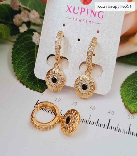 Серьги кольца 1,5см, с подвеской в греческом стиле с черной эмалькой, в камешках, 1,2см, Xuping 18K 116554 фото 1