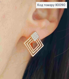 Сережки "Ромб" з Блискучими камінцями, довжина 1,7см, англійська застібка, Xuping 18K 110090 фото