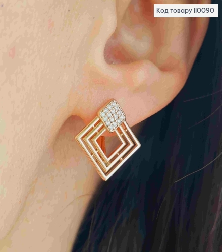 Сережки "Ромб" з Блискучими камінцями, довжина 1,7см, англійська застібка, Xuping 18K 110090 фото 1