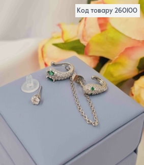 Набор сережек, Кафы(1шт)+Гвозди(2шт), ЗМЕЯ украшена камешками, Серебряного цвета, Сталь 260100 фото