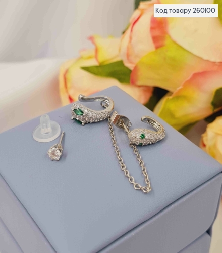 Набор сережек, Кафы(1шт)+Гвозди(2шт), ЗМЕЯ украшена камешками, Серебряного цвета, Сталь 260100 фото 1