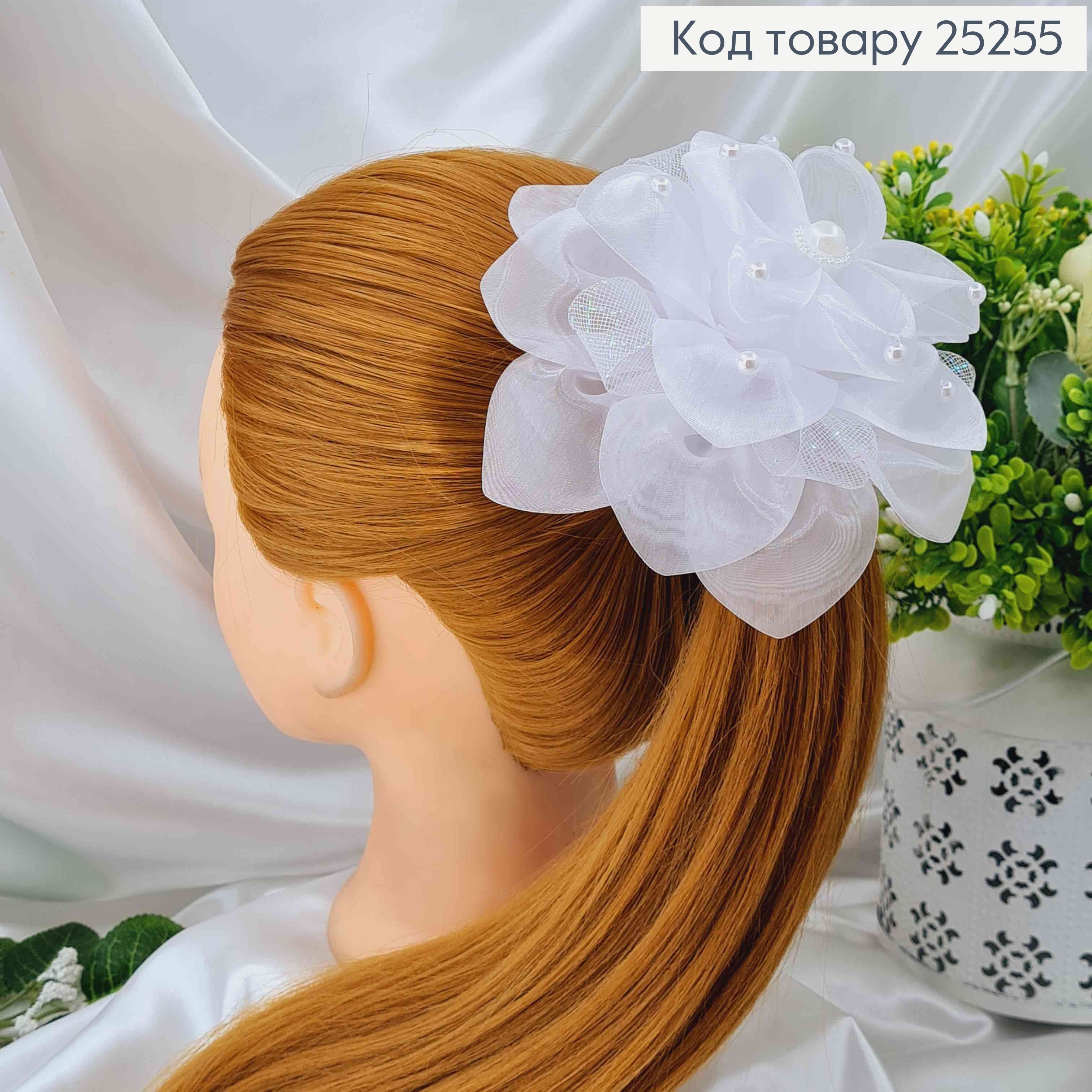 Резинка, Бант Белый, Органза, с блестящей сеткой, жемчужинами и большой бусинкой, 14см, руч, роб. Украина 25255 фото 2