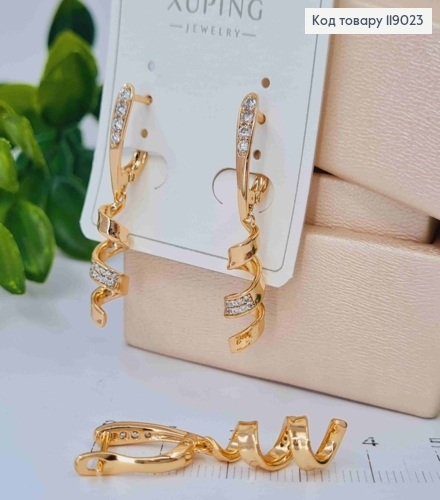 Серьги с подвесной Спиралью с блестящими камешками, 1,7+1,5см, английская застежка, Xuping 18K 119023 фото 2