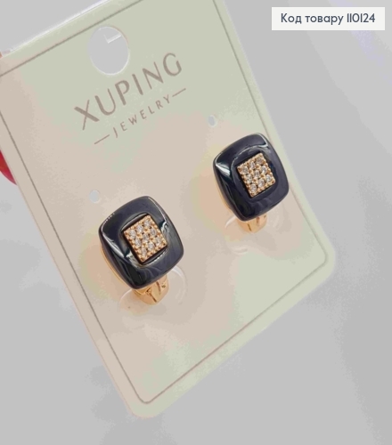 Серьги украшены Черной эмалью и Блестящими камешками, длина 1см, англ. застежка, XUPING 18К 110124 фото 2