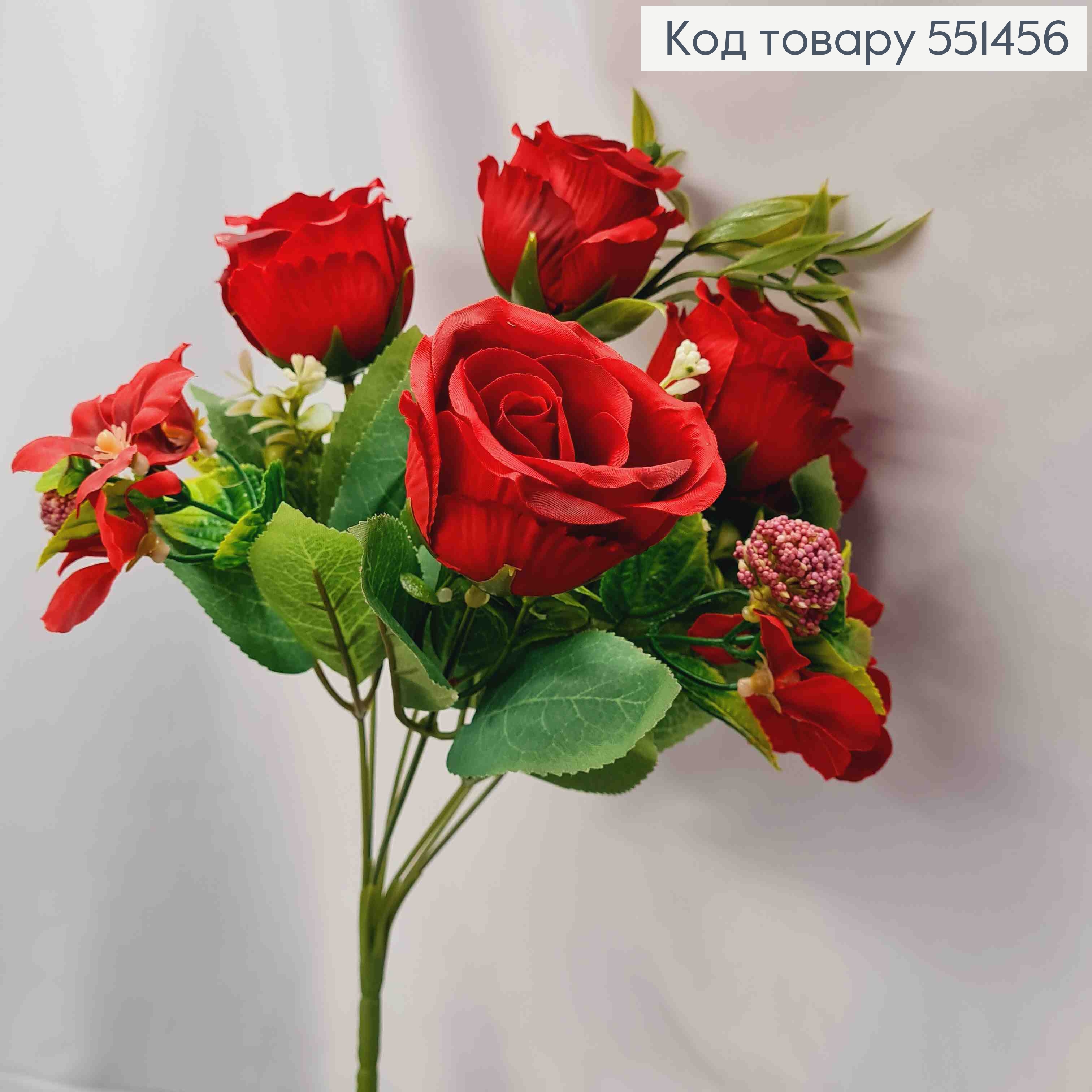 Искусственная композиция Розы с Жасмином, КРАСНОГО цвета, 7 веточек на металл. стержни, высота 33см 551456 фото 2