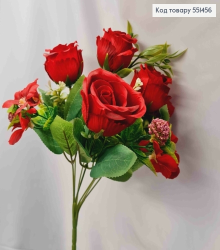 Искусственная композиция Розы с Жасмином, КРАСНОГО цвета, 7 веточек на металл. стержни, высота 33см 551456 фото 2