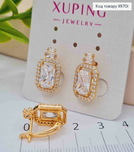 Серьги с изысканным блестящим камнем в оправе из камней, дл. 1,7см, англ. застежка, Xuping 18К 119701 фото 1