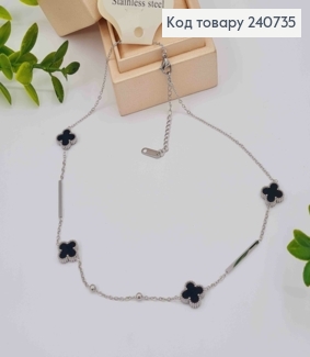 Ланцюжок срібного кольору, з підвісками Van Cleef з Чорною емаллю, 40+5см, сталь Stainless Steel 240735 фото
