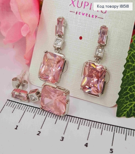 Серьги родованные гвозди, с подвесным розовым камнем, длина 3см, Xuping 181518 фото 1