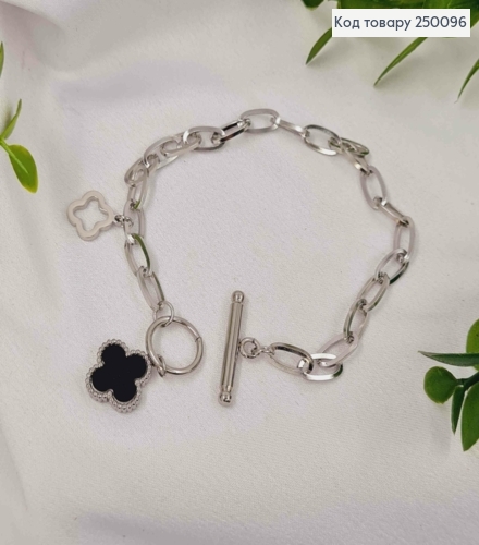 Браслет срібного кольору, Van Cleef з Чорною емаллю, 19см, сталь Stainless Steel 250096 фото 1