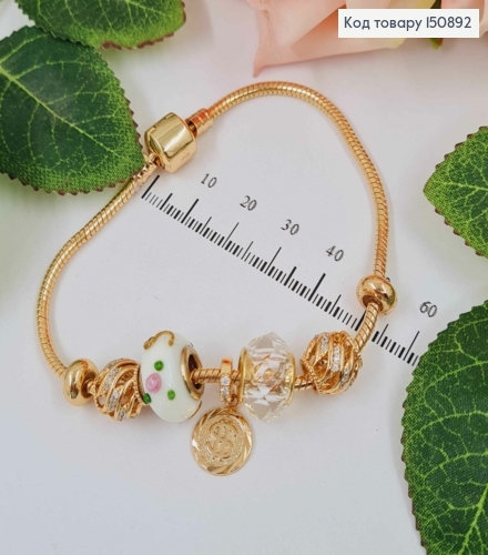 Браслет "Пандора" с Белым шармиком с объемной лепкой и долларовой монеткой длиной 18см. Xuping 18К 150892 фото 1