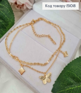 Браслет на ногу, якорное+улиточное петление, Бабочка+Ромбик, 22+5см, Xuping 18K 151018 фото