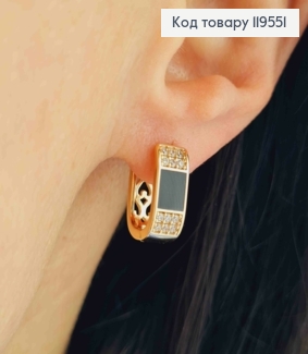 Сережки кільця "Овальні" з Чорною емаллю та Блискучими камінцями, шир 6мм, довж. 1,5см, Xuping 18K 119551 фото