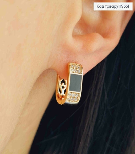 Серьги кольца "Овальные" с Черной эмалью и Блестящими камешками, шир 6мм, дл. 1,5см, Xuping 18K 119551 фото 1