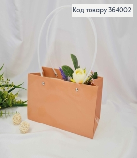 Флористическая сумочка глянцевая ПУДРА, для цветов и подарков, с пластиковыми ручками, 22*11*13,5см. 364002 фото