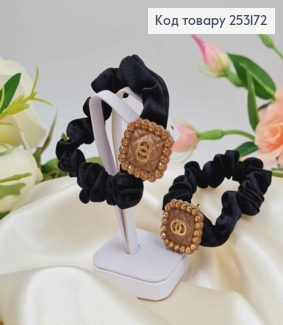 Резинка жатка 6см, Чорного кольору, з квадратною пластинкою "Гуччі" з камінцями 253172 фото