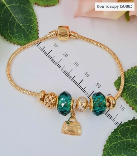 Браслет "Пандора" с зеленым шармиком, с подвеской сумочкой, длиной 21см. Xuping 18K 150883 фото 1