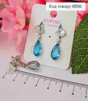 Серьги родованные гвозди, с подвесным блестящим голубым камнем, длина 3см, Xuping 181516 фото