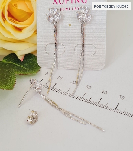 Серьги родированные гвоздики Цветочек з большими камнями,нити (5 см) Xuping 180543 фото 2