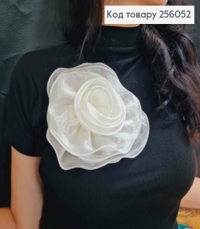 Брошь-заколка, объемная роза цвета АИВОРИ, 16см, ткань органза кристаллин, ручная работа 256052 фото