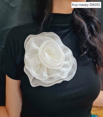 Брошь-заколка, объемная роза цвета АИВОРИ, 16см, ткань органза кристаллин, ручная работа 256052 фото 1